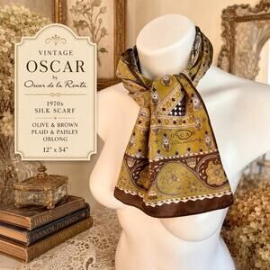 Vintage 1970s Oscar de la Renta Silk Scarf: Olive Brown Plaid Paisley 12x54